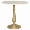 Round marble-top table on a gold brass pedestal with a tiered base.