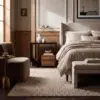Neutral-toned bedroom with an upholstered bed, beige bedding, and a wooden nightstand holding ceramic vases.