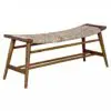 Wooden-framed bench with a beige woven rope seat, viewed from the side against a white background.