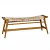 Wooden bench with a beige woven rope seat and wooden legs, set against a white background.