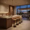 Modern kitchen with wood cabinets and marble island, pendant lights, and floor-to-ceiling windows looking out at dusk.