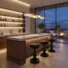 Modern bar area with a marble counter, backlit shelves of bottles, and black swivel stools in a contemporary open space.