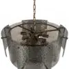 Industrial-style hanging chandelier with a hammered silver bowl and exposed bulb sockets on a brown chain