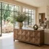 Large carved wooden sideboard with geometric drawer fronts in a bright living space, topped with a tall leafy plant.