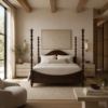 Four-poster bed centered in a neutral-toned bedroom with matching nightstands and a large left-side window.