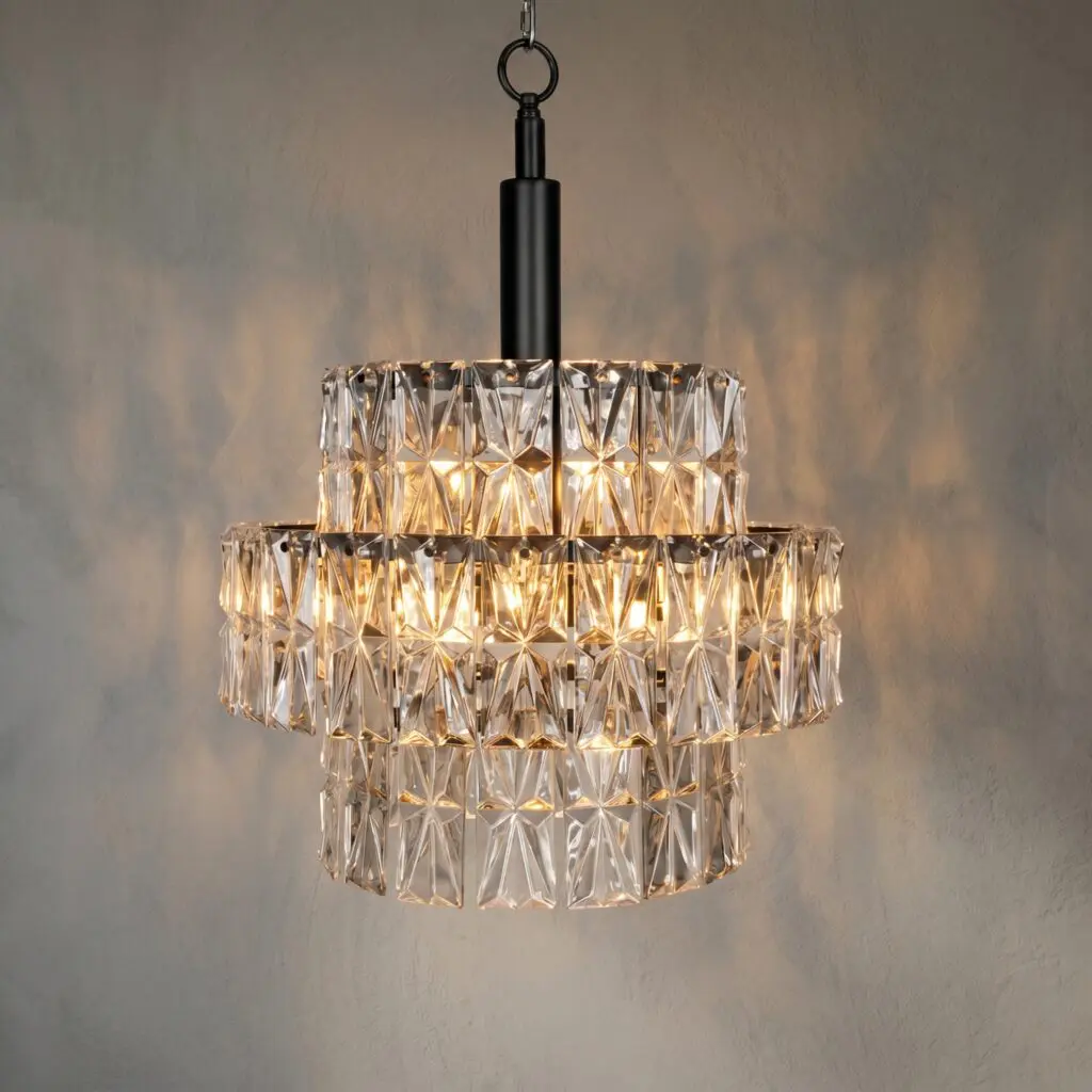 Elegant crystal chandelier hanging from a black stem, with geometric glass prisms lit softly against a neutral wall.
