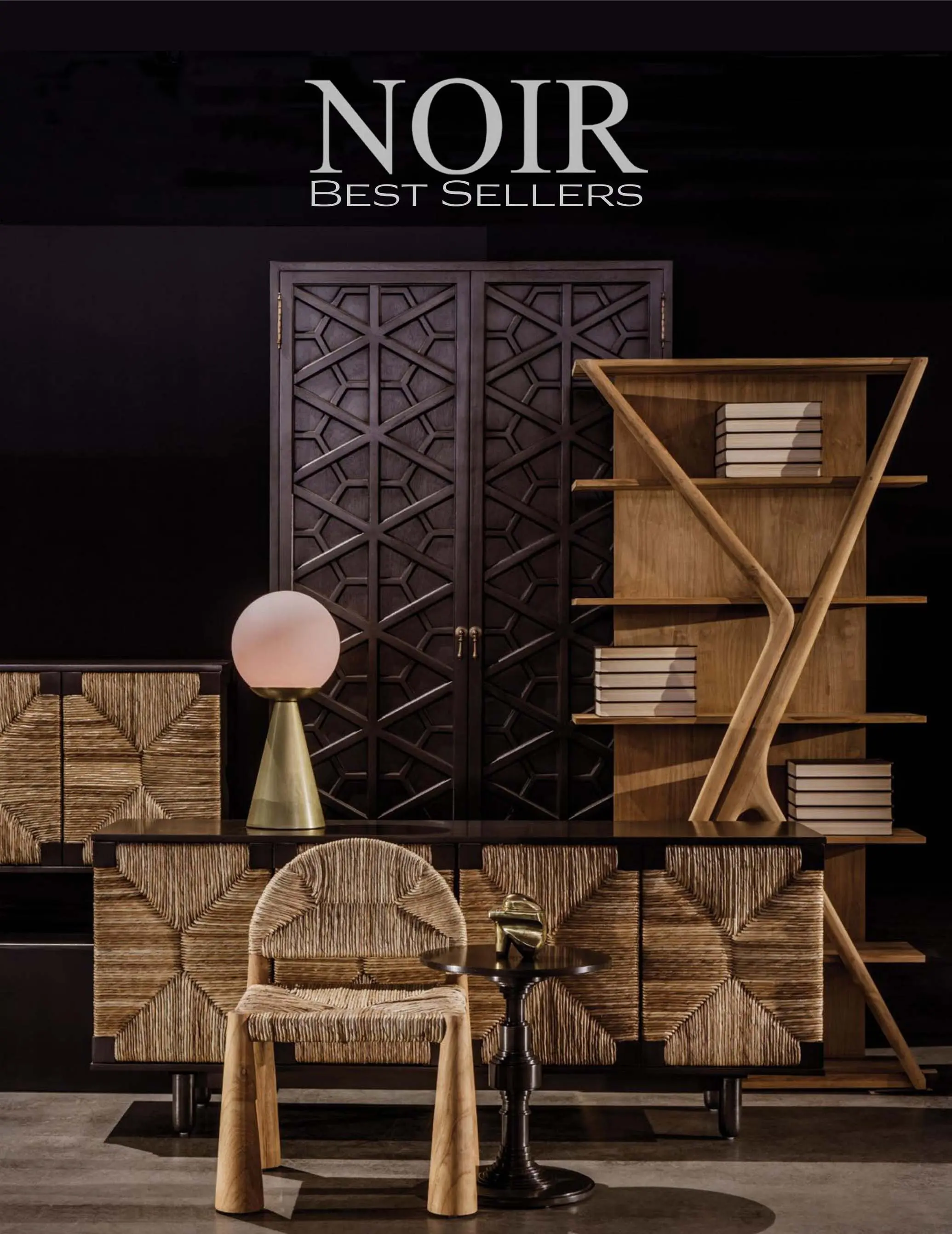 Showroom interior featuring a dark geometric cabinet, a wooden zigzag bookshelf with stacked books, and a spherical brass-lamped table while a 'NOIR Best Sellers' sign hangs above.