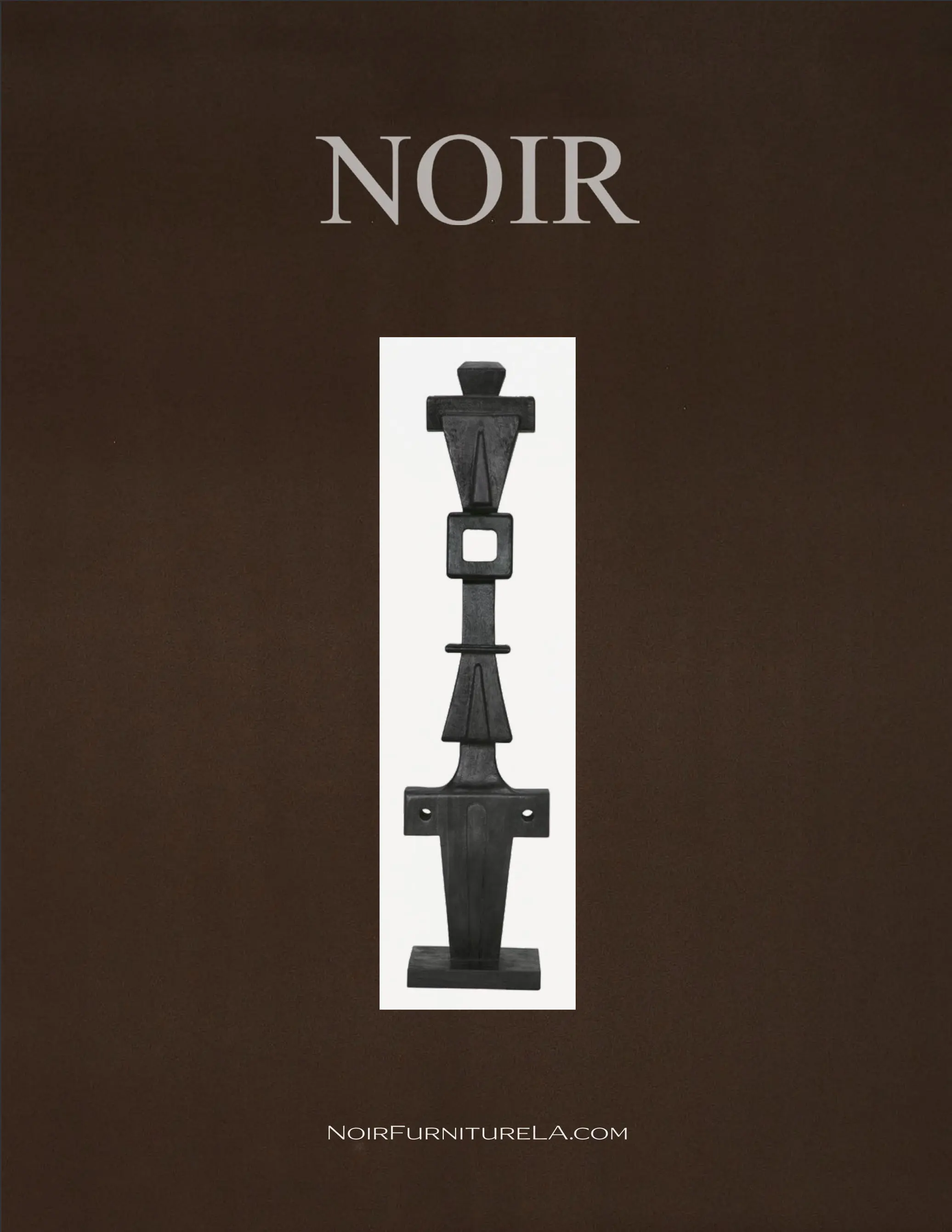 Noir Furniture LA promotional image featuring a black metal finial centered on a white strip against a brown background, with the website at the bottom.