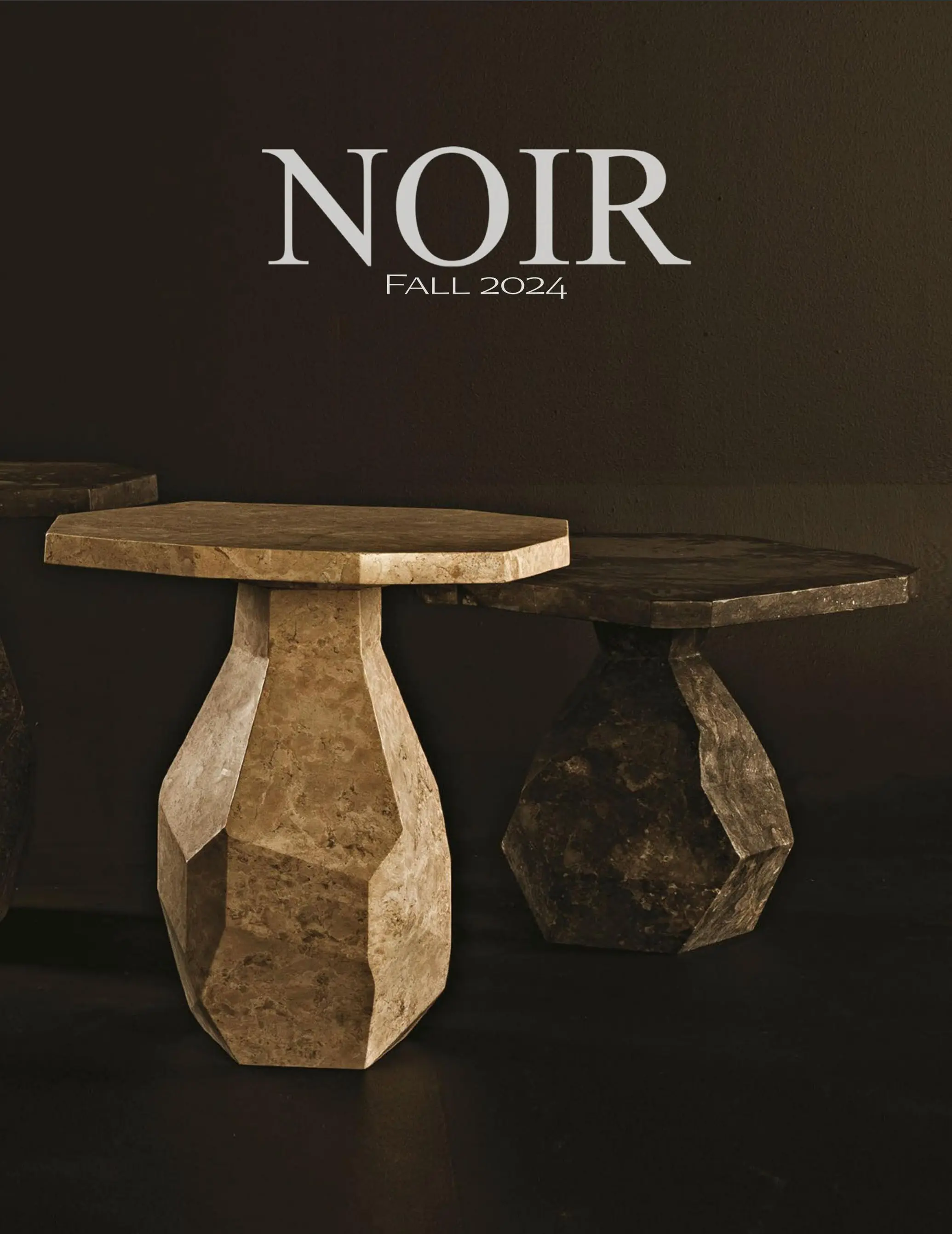 Dark studio wall with the white 'NOIR Fall 2024' logo; in front, stacked beige geometric stone pedestals.