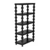 Black five-shelf storage rack with decorative turned posts and caster wheels, for home organization and display