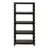 Black five-shelf wooden bookcase with decorative turned posts and small caster wheels at the base, on a white background.