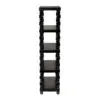 Black five-shelf rolling storage rack with decorative square-column supports on caster wheels on a white background;