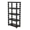 Black five-shelf display rack with decorative turned posts and small feet.