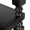 Close-up of black turned wooden balusters on a corner of a black table or shelf edge.