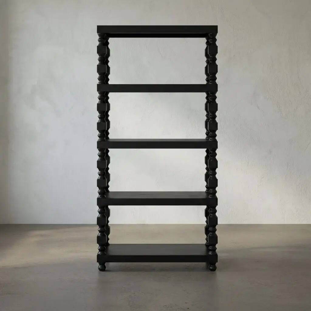Tall black wooden shelf with four levels and chunky turned posts, set against a textured gray wall, currently empty of items.