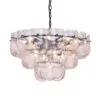 Glass globe chandelier suspended by a chain, featuring layered clear glass panels that diffuse warm light.