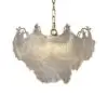 Gold metal chandelier with leaf-shaped plates forming a circular shade, hanging by a chain.