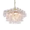 Chandelier with numerous frosted rectangular glass panels hanging from a chain, lit from within.