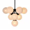 Chandelier with a central black stem and a cluster of frosted pink glass globes hanging around it. From the top view, pink spheres form a spherical light fixture.