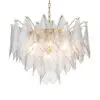 Crystal chandelier with overlapping diamond-shaped glass panels and gold accents hanging from a chain.