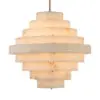Close-up of a three-tier marble pendant light with a gold hanging rod, illuminated warmly.
