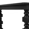 Close-up of a black table top and its ornate turned legs with square blocks and ridges beneath the surface edge.