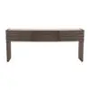 Long wooden console table with multiple drawers and square legs in a dark brown finish.