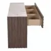Dark wood cabinet with a white marble top, showing three open drawers on the right side from a side view.