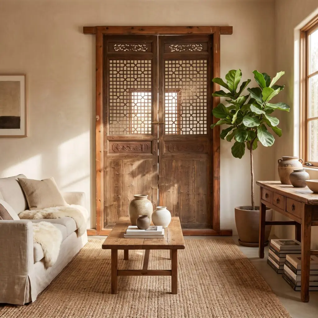 Cozy living room with a tall wooden cabinet, leafy plant, and natural light by a window.