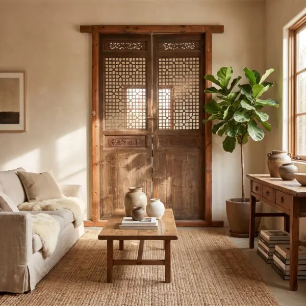 Cozy living room with a tall wooden cabinet, leafy plant, and natural light by a window.