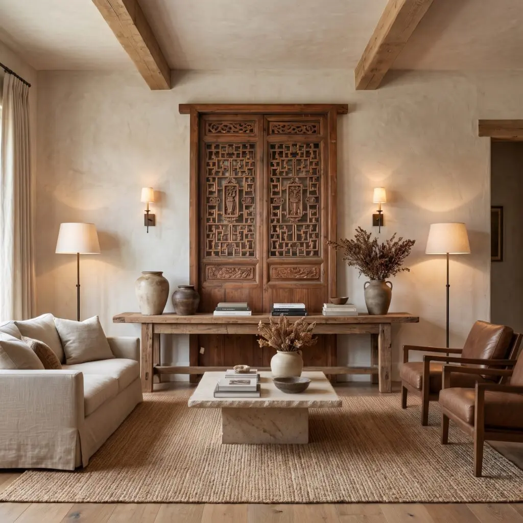Living room with a tall carved wooden cabinet flanked by two table lamps and a beige sofa in a warm neutral palette.