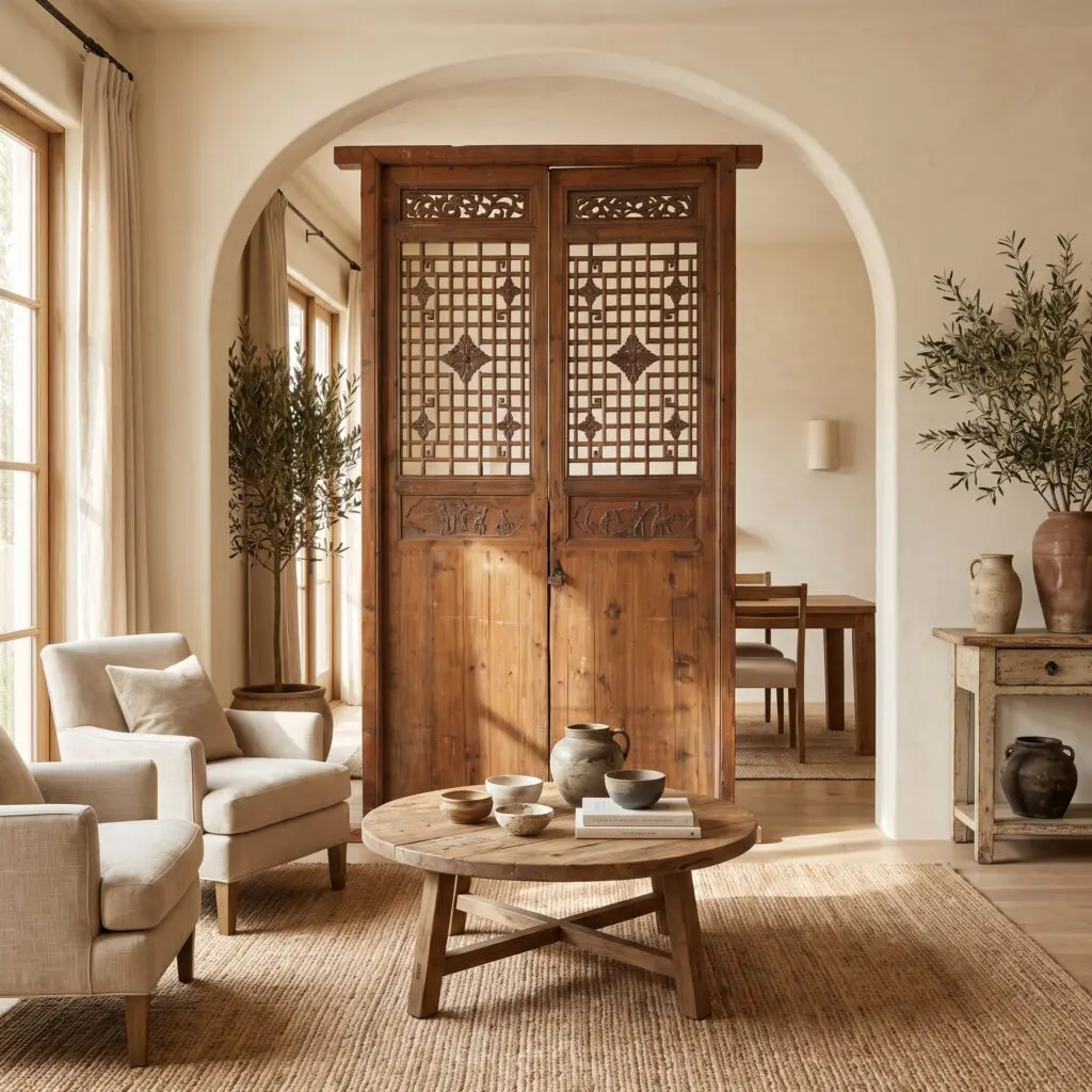 Living room with a tall carved wooden screen, beige furniture, and potted plants near an archway.