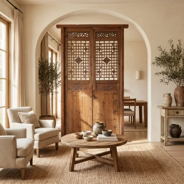 Living room with a tall carved wooden screen, beige furniture, and potted plants near an archway.