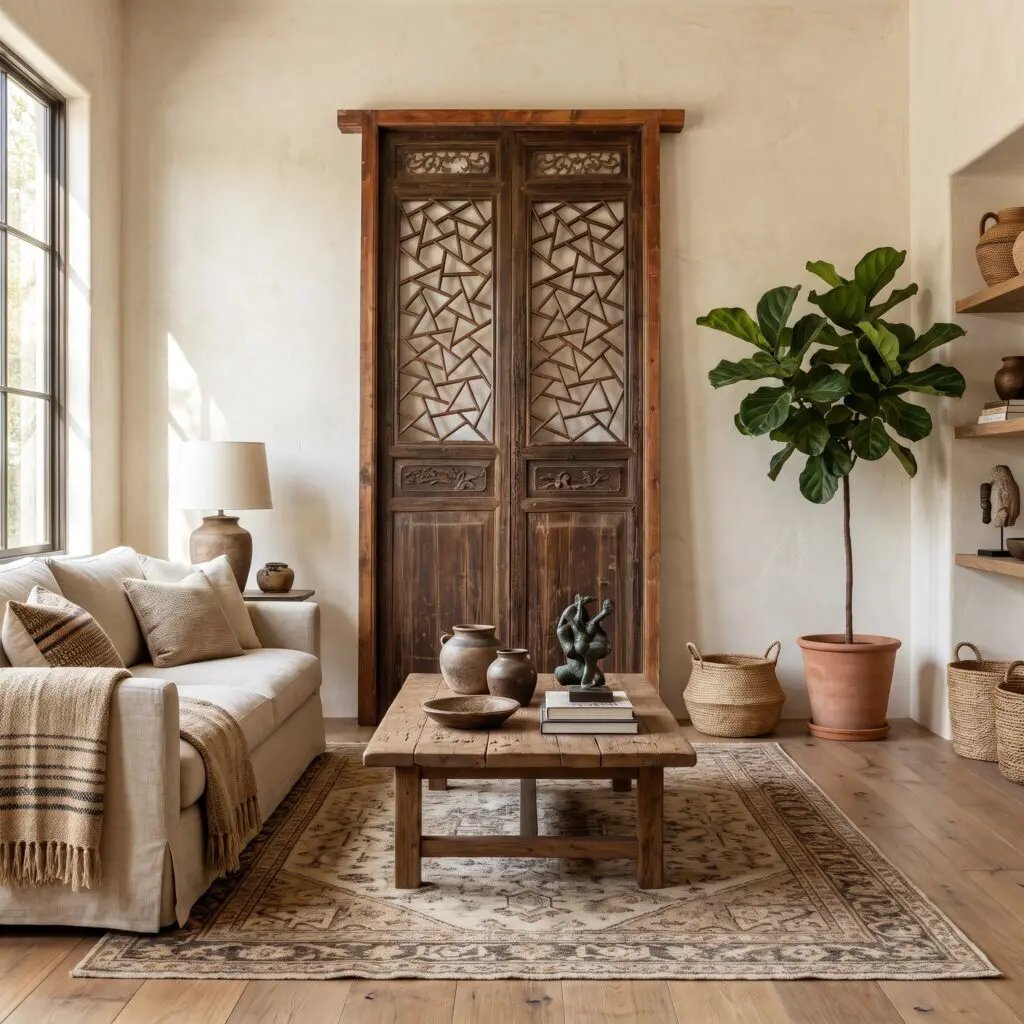 Living room with a tall dark wooden cabinet, beige sofa, striped throw, and a large patterned rug. A leafy plant sits to the right of the cabinet.