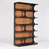 Modern black metal bookshelf with rounded wooden shelves and circular cutouts along the sides, showcasing warm wood tones.