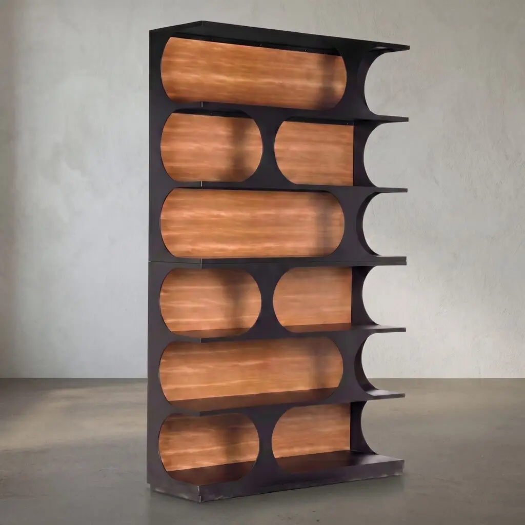 Modern freestanding shelf unit with curved black frame and warm wooden shelves against a light wall. A sculptural storage shelf featuring rounded wooden panels set in a dark curved frame.