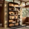 Modern bookshelf with circular cutouts, mounted against a beige stone wall in a sunlit living room of wood and glass.