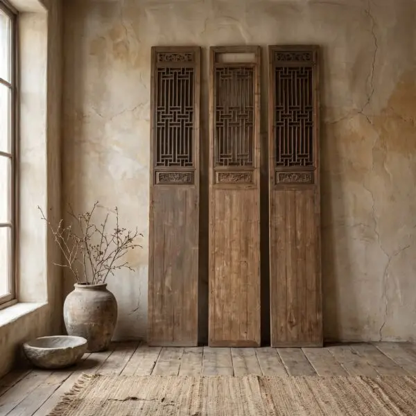 Three carved wooden screens leaning against a cracked plaster wall in a sunlit room, with a large ceramic vase holding bare branches nearby.