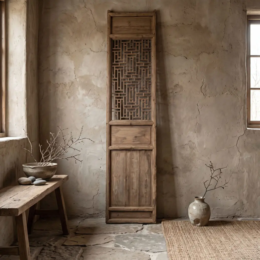 Tall carved wooden screen with a geometric lattice stands against cracked plaster walls in a rustic room, with a wooden bench and ceramic pot nearby.