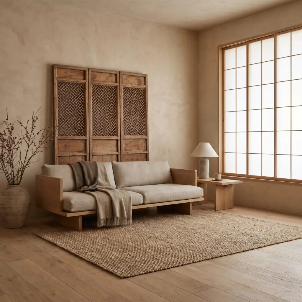 Corner of a beige living room with a tall wood lattice screen, neutral sofa, and a large grid window letting in warm light.