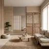 Japanese-inspired living area with light wood screens, a round wooden coffee table, beige woven rug, and a small bonsai plant.