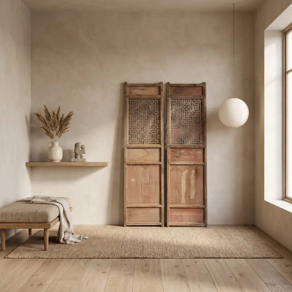 Calm neutral bedroom corner with a tall wooden cabinet and a round white paper lantern by a window.
