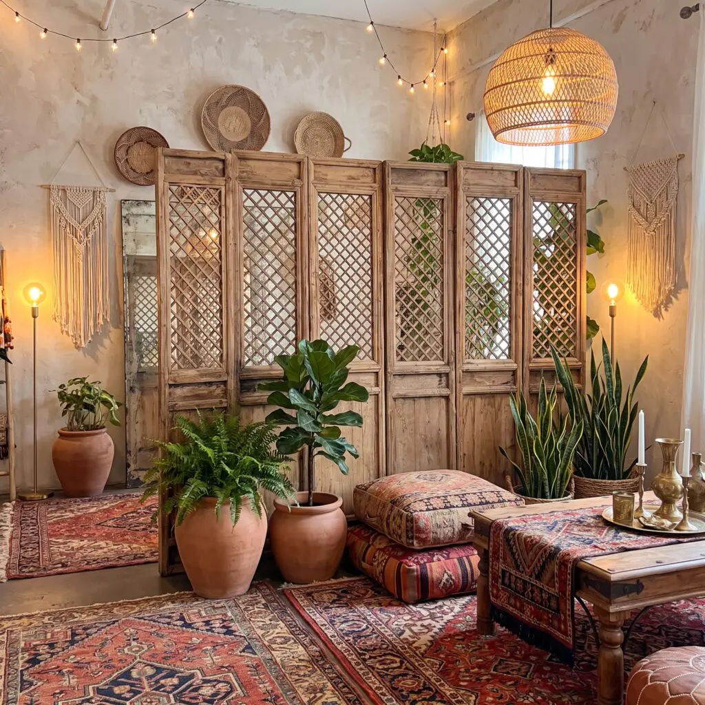 Boho living room with wooden lattice screen, potted plants, and woven pendant lamps.
