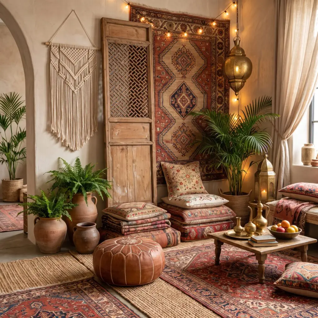 Bohemian living corner with layered red patterned rugs, a wooden cabinet, and string lights for a warm cozy vibe (plants nearby).