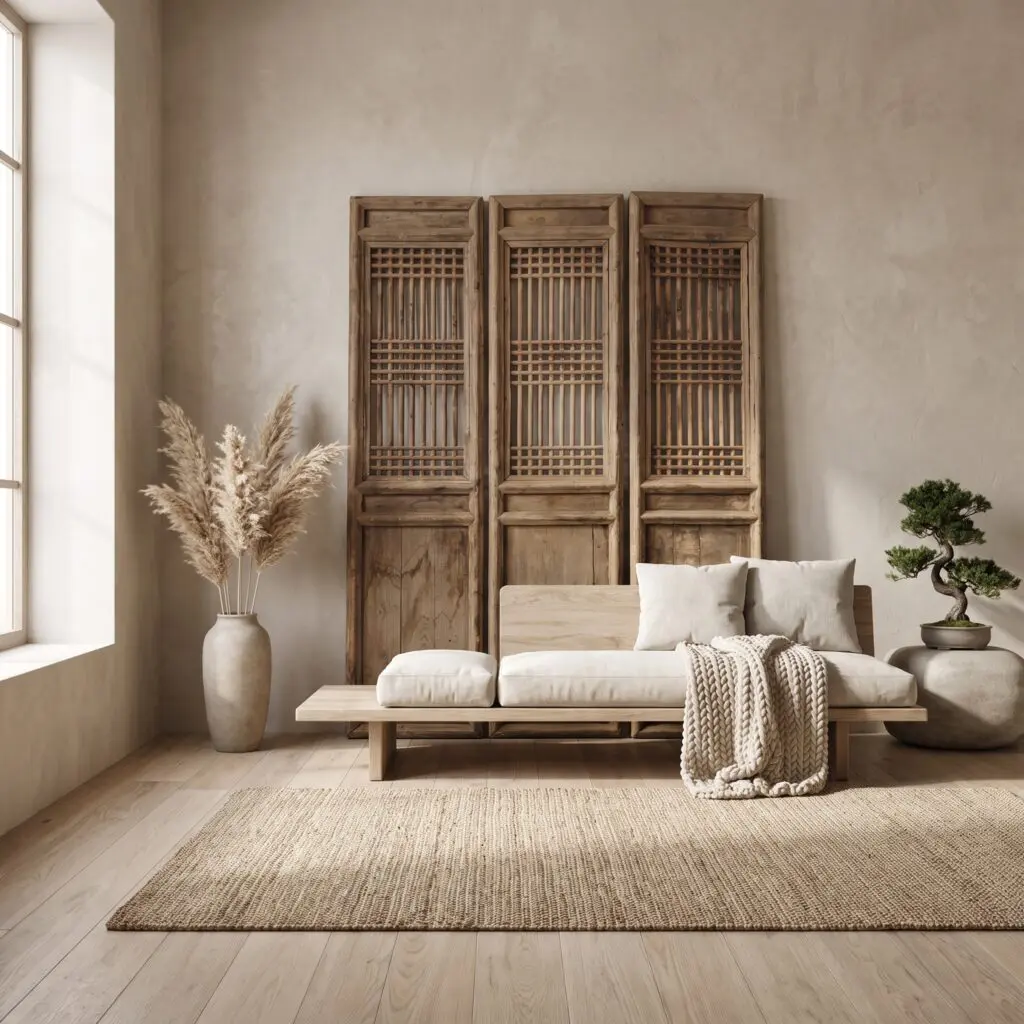 Minimalist living room corner with three wooden lattice room dividers against a beige wall, and a beige sofa with a knit throw. A vase of pampas grass rests on the floor to the left.