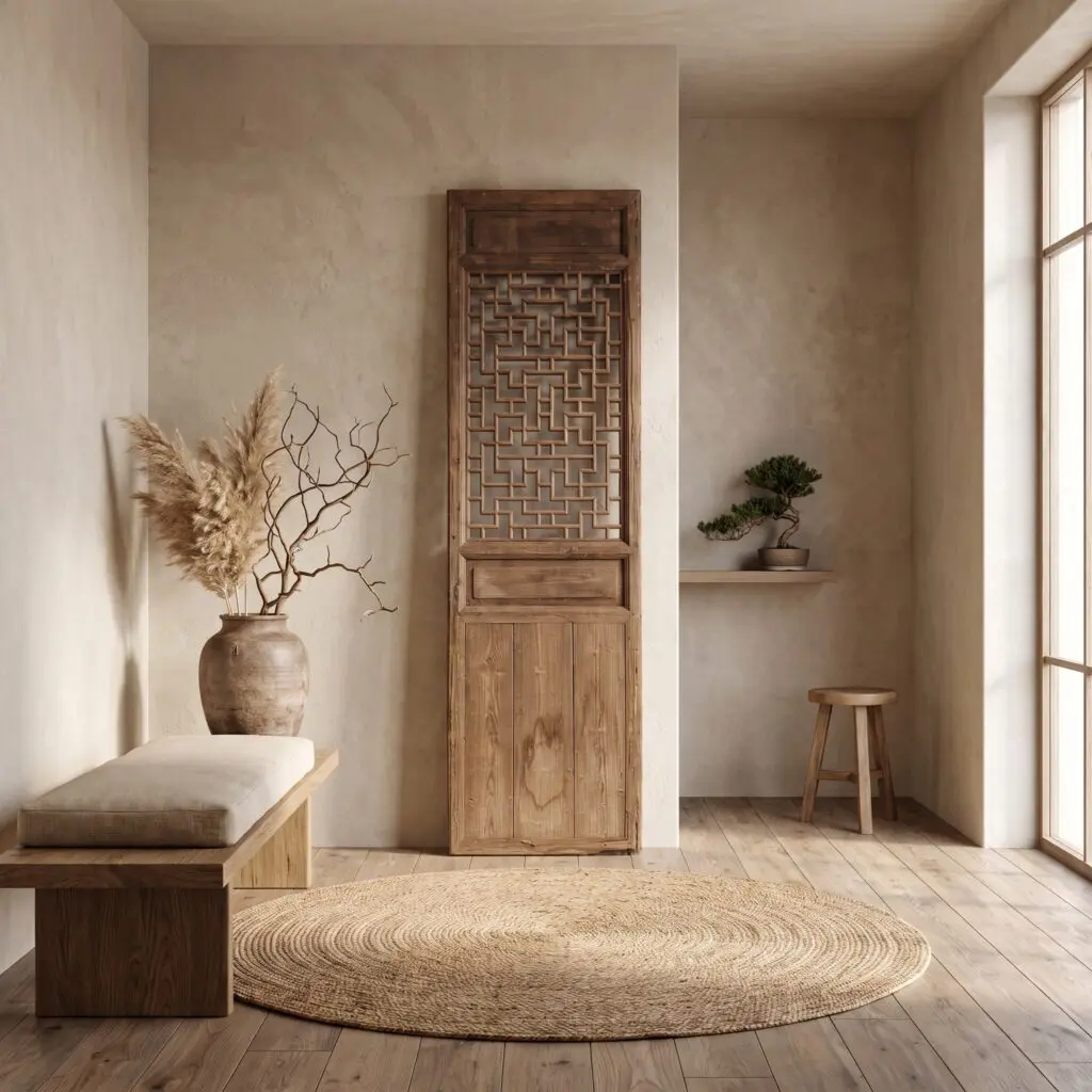 Tall wooden cabinet with a carved geometric lattice panel in a beige-walled room, beside a round woven rug.