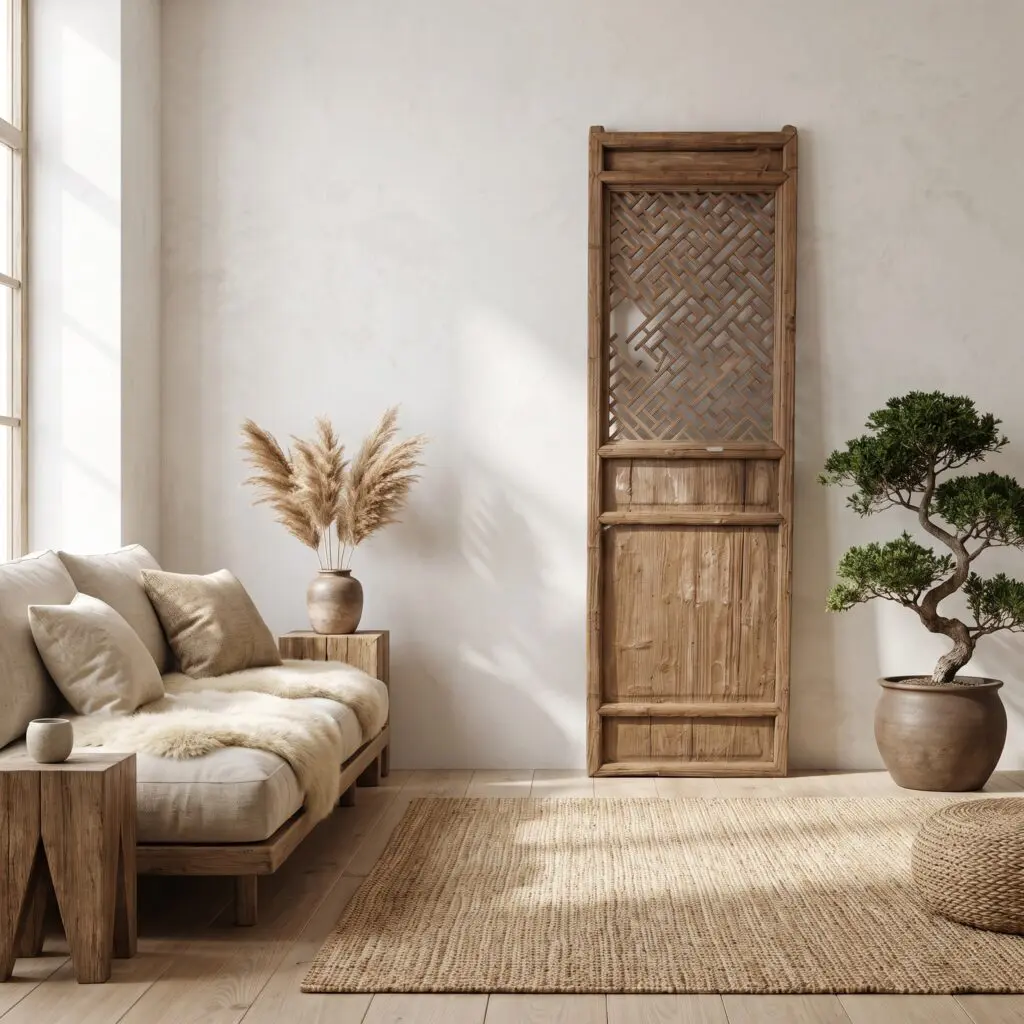 Sunlit living room corner with a beige sofa, cushions, a vase of pampas grass, and light wood furniture alongside a tall wooden cabinet and potted tree.