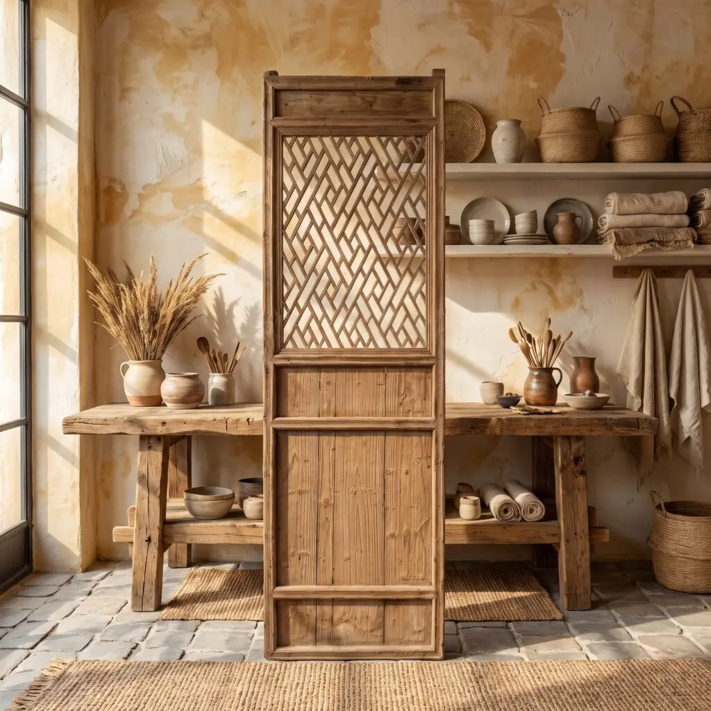 Rustic wooden shelving with pottery, bowls, and woven baskets in a sunlit, earthy-toned kitchen corner.