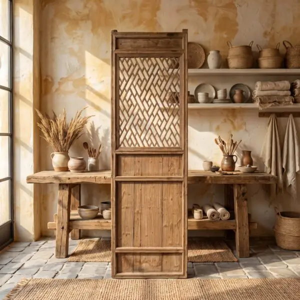 Rustic wooden shelving with pottery, bowls, and woven baskets in a sunlit, earthy-toned kitchen corner.