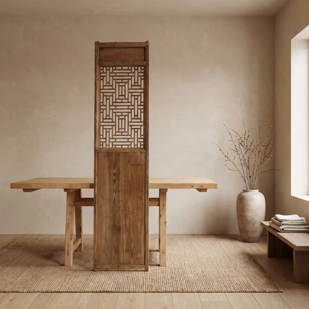 Tall wooden lattice screen with geometric cutouts in a minimalist beige room, a vase with bare branches on the right, and a low bench beneath.